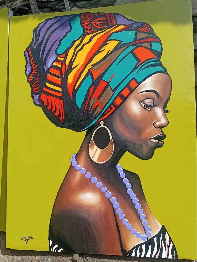 Dipinto donna africana con turbante e gioielli del Kenya