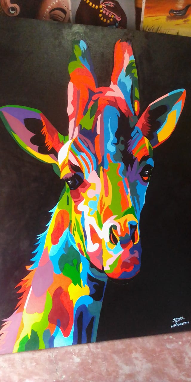 Opera africana con giraffa multicolore, stile contemporaneo